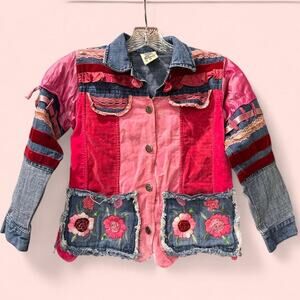 Unique Beetle Juice Size Y10 patchwork denim jacket with floral embroidery